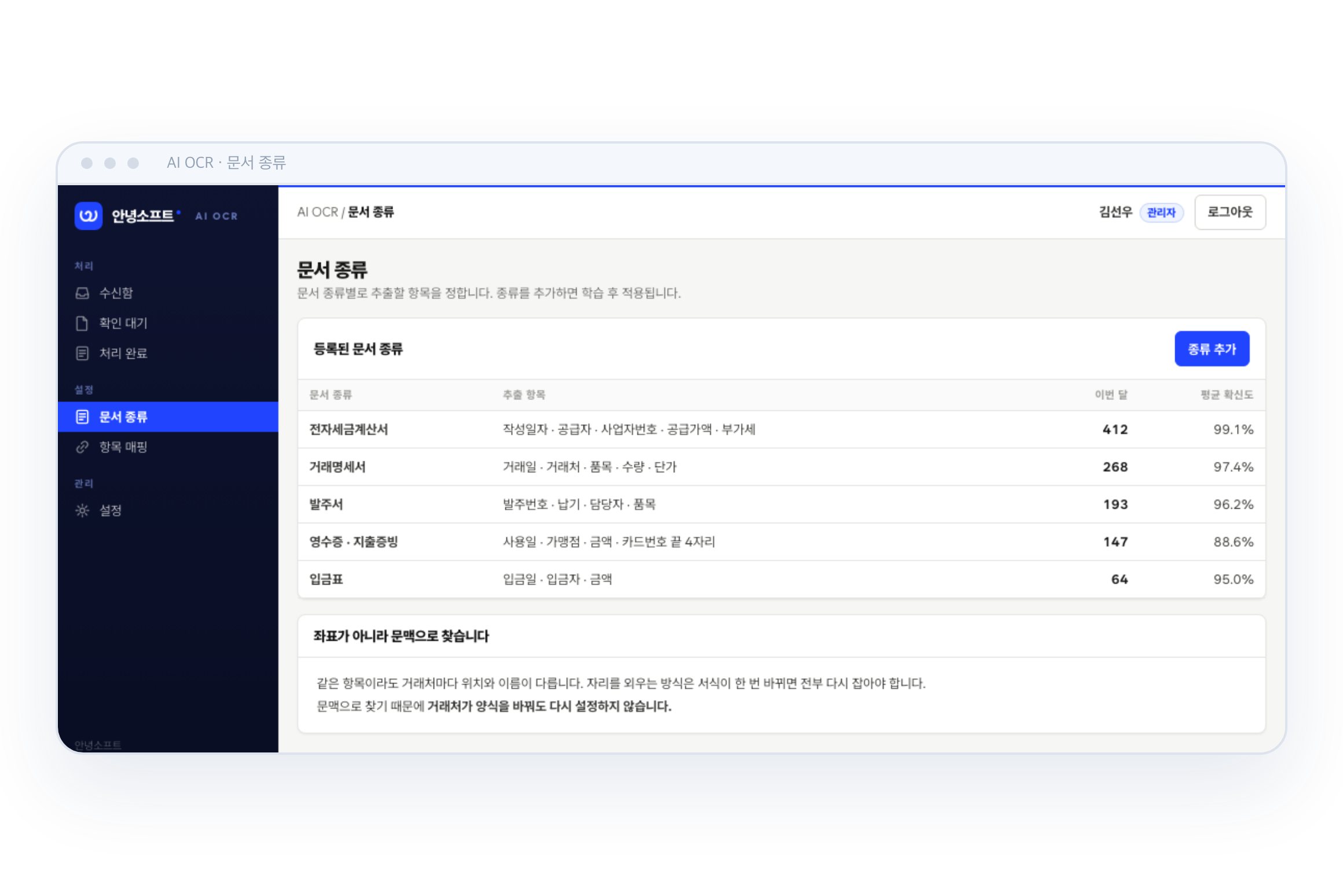 문서 종류별 추출 항목과 평균 확신도를 관리하는 화면