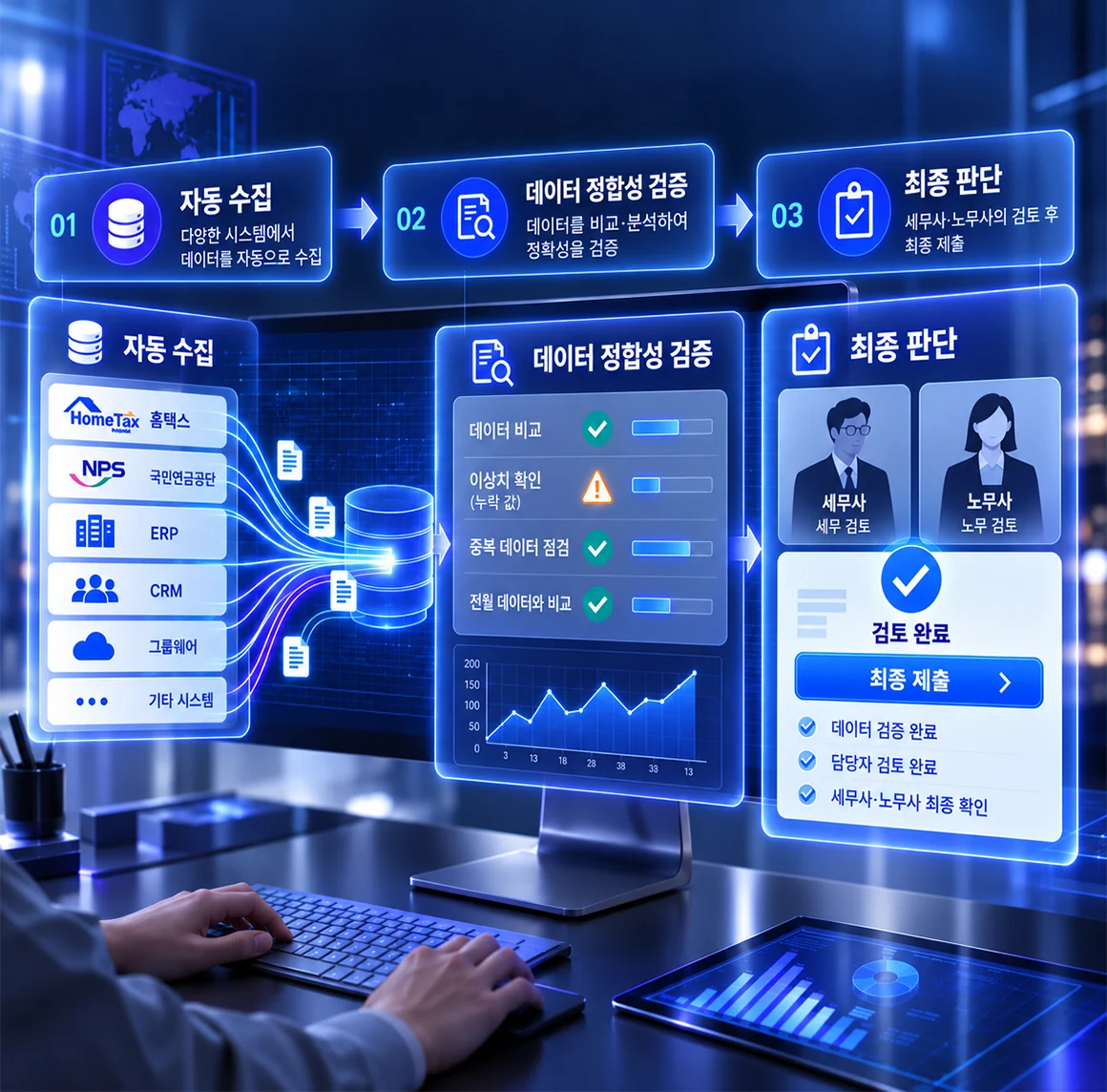자료 수집 → 데이터 정합성 검증 → 세무사·노무사 최종 판단으로 이어지는 흐름
