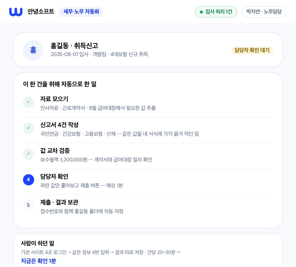 기관과 사내 시스템에서 이번 달 자료를 수집한 현황 화면